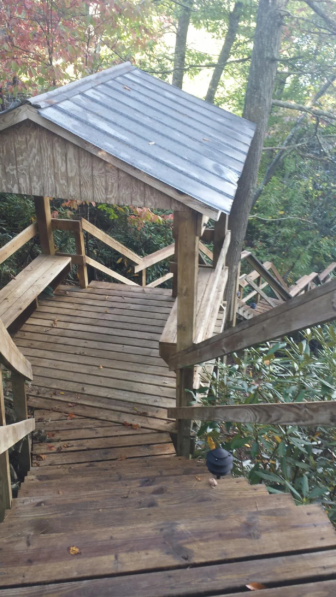 Metal roofed shelter over wooden steps on a wooded walkway — Skylight Repair & Installation work by our crew in Azusa